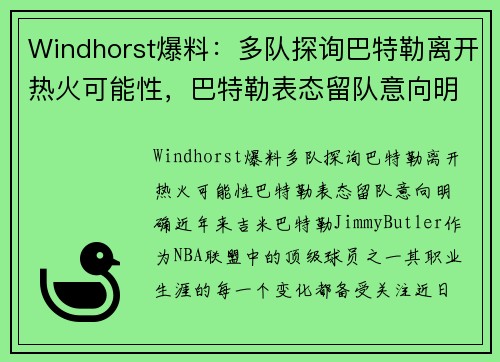 Windhorst爆料：多队探询巴特勒离开热火可能性，巴特勒表态留队意向明确