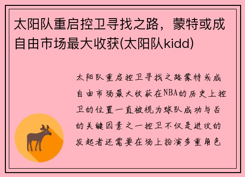太阳队重启控卫寻找之路，蒙特或成自由市场最大收获(太阳队kidd)