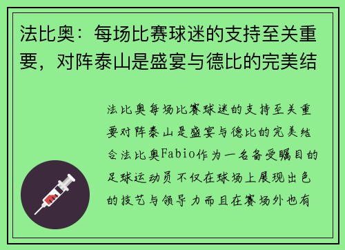 法比奥：每场比赛球迷的支持至关重要，对阵泰山是盛宴与德比的完美结合